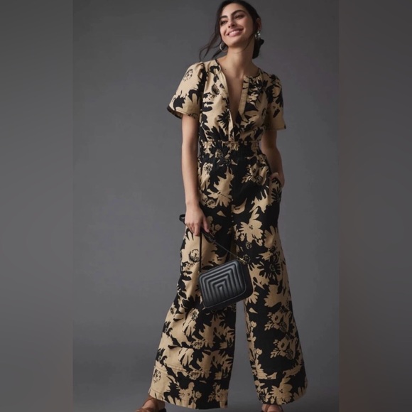 Anthropologie Pants - Anthropologie The Somerset Jumpsuit Womens Size Medium Tan Black Boho Classy